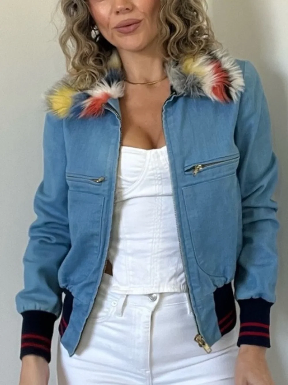 Harvey Faircloth designer denim bomber Jean jacket faux fur collar size XS - Picture 3 of 16